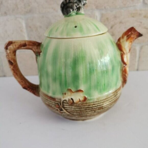 Vintage Handpainted Teapot CRAZING Black Squirrel Oak Leaves Marutomoware Japan - Picture 5 of 8